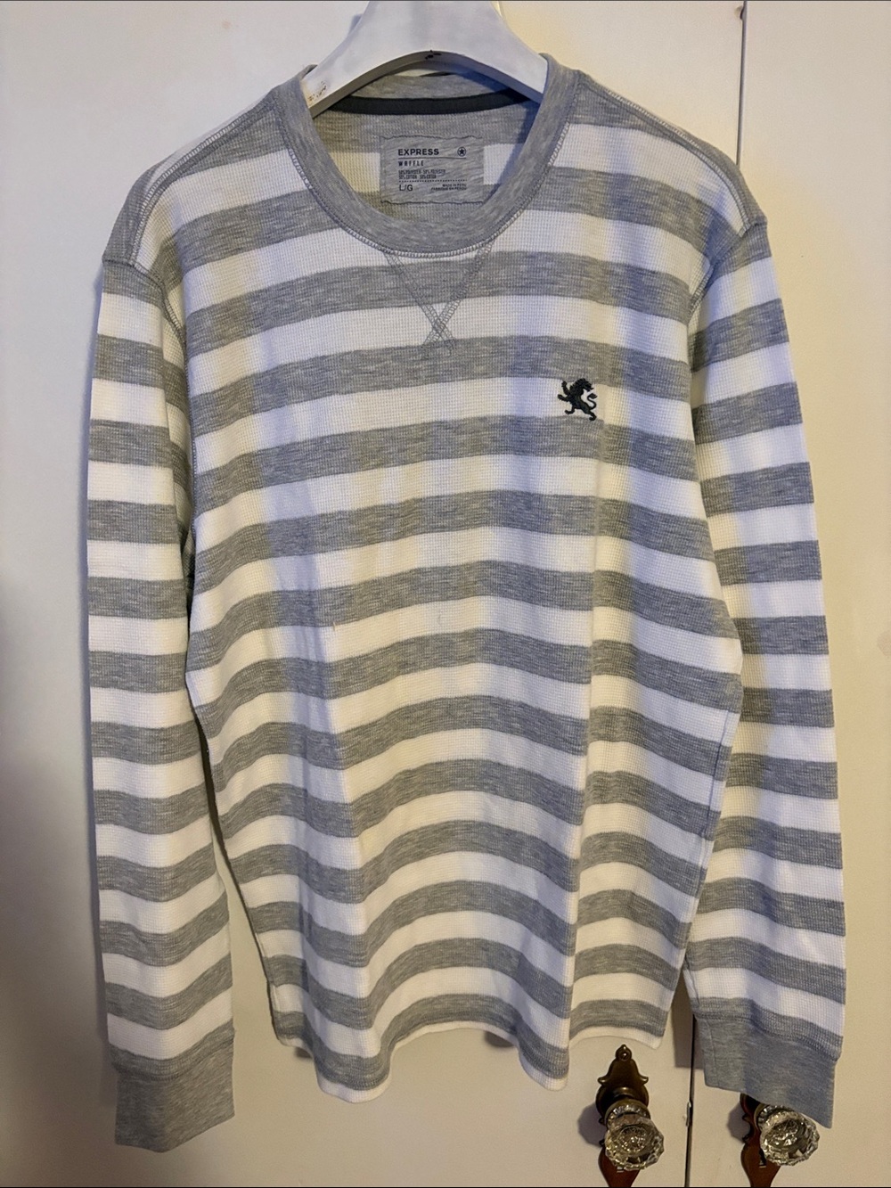 Express Gray & White Striped Crewneck Pullover